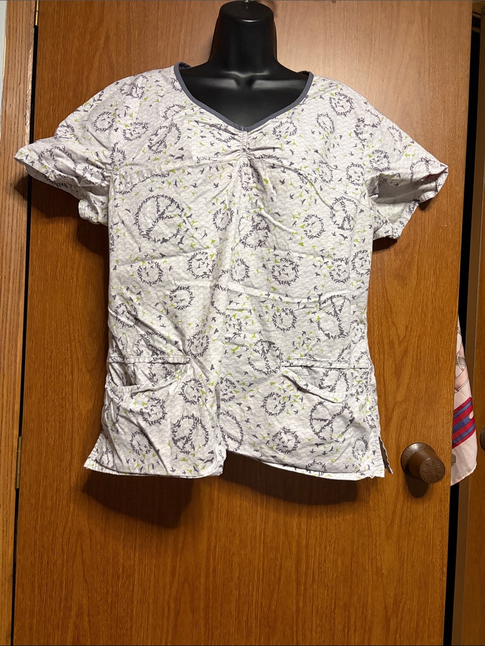Dickies White Short Sleeve Scrub Top with Gray Swirl and Lime Accents